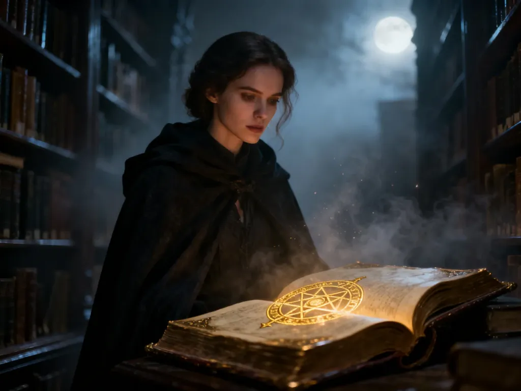 Kobieta w ciemnym płaszczu w mrocznej bibliotece z otwartą księgą pełną świecących symboli, ilustrująca pojęcie enigmatyczności.