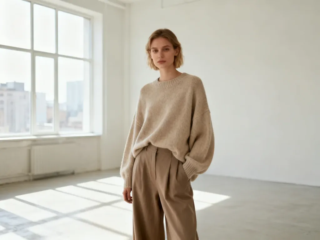 Kobieta w beżowym swetrze typu oversize i szerokich spodniach, prezentująca stylizację loose fit w minimalistycznym wnętrzu.