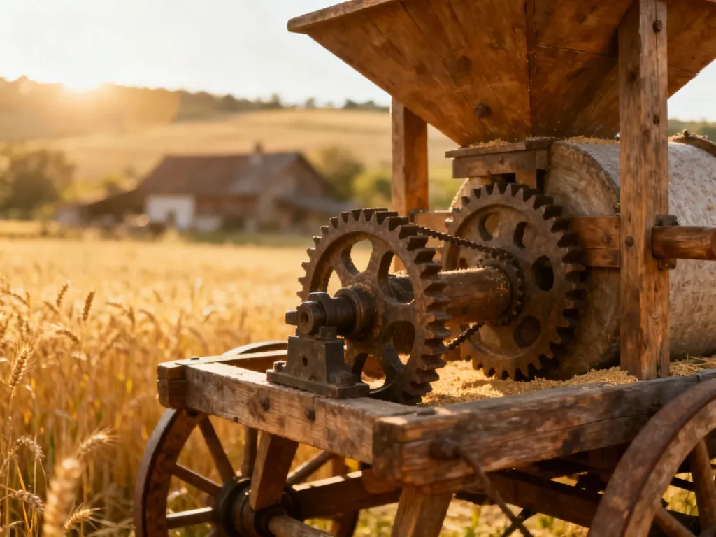 Drewniany mechanizm kieratu z widocznymi zębatkami na tle wiejskiego krajobrazu ze złotymi polami pszenicy.