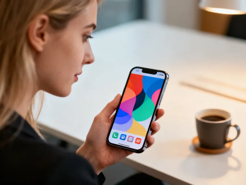 Kobieta trzymająca nowoczesny smartfon z widocznymi ikonami aplikacji w jasnym, biurowym wnętrzu.